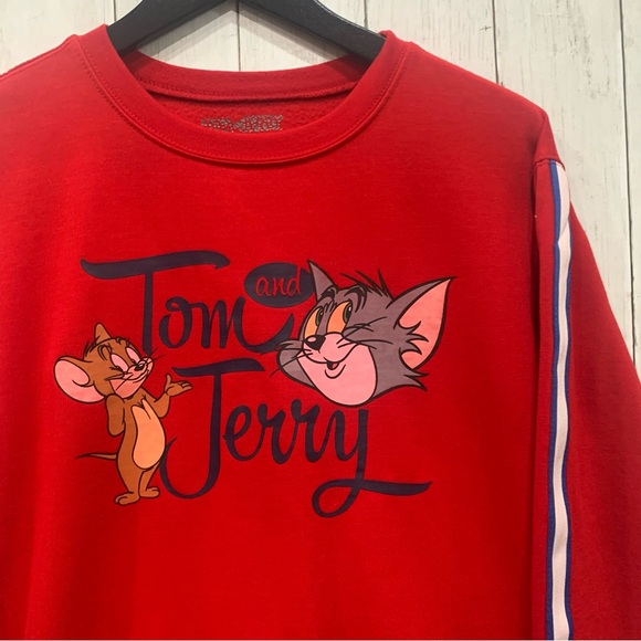 Tom & Jerry Women's Blue/White Striped Sleeve Graphic Red Sweatshirt Medium - Picture 5 of 13